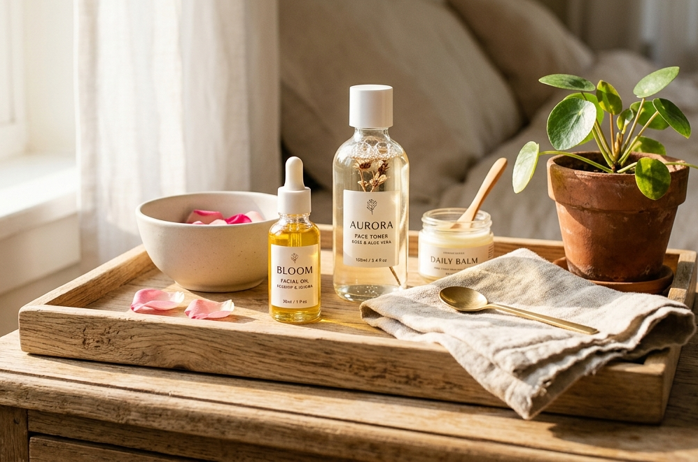 Pokojný ranný skincare rituál — tvárový olej a prírodné prípravky na drevenom stolíku